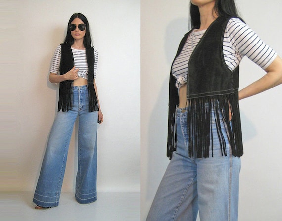 70s Fringe Suede Vest / Vintage 1970s Black Suede