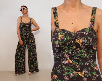 70s Foxy Lady Bird Lace-up Jumpsuit / Vintage 1970s Novelty Bird Print Cotton Corset Palazzo Jumpsuit / Gauze Lace Up Wide Leg Jumpsuit