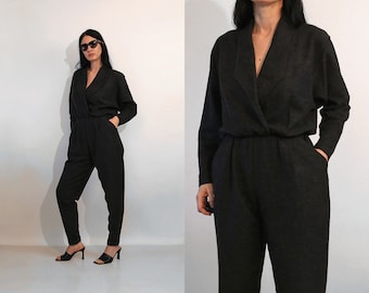 Charcoal Wool Wrap Jumpsuit, Vintage 1980s Minimalist Charcoal Grey Wool Knit Wrap Chest Tapered Leg Jumpsuit