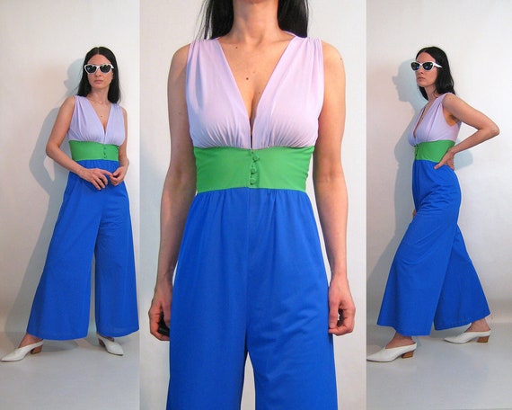 70s Color Block Jumpsuit / Vintage 1970s Colorbloc