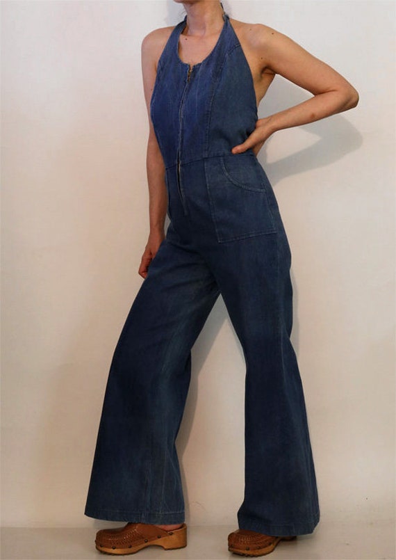 70s Zip-Up Halter Denim Jumpsuit / Rare Vintage 1… - image 2