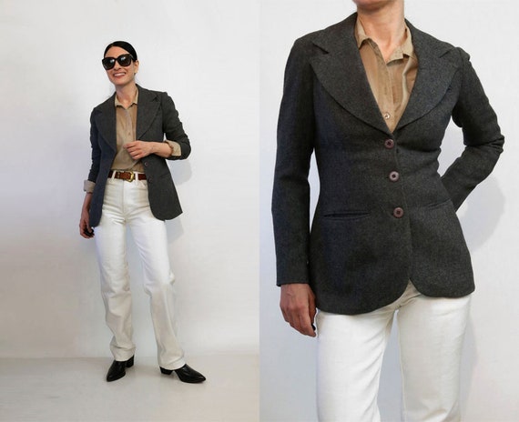 70s Charcoal Wool Menswear Blazer / Vintage 1970s
