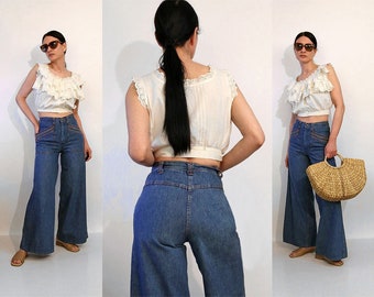 70s Rainbow Bell Bottom Jeans 26x29 / Vintage 1970s Rainbow Striped Stitched Pocket Dark Wash Flare Leg Jeans / 26 Waist Flared Jeans