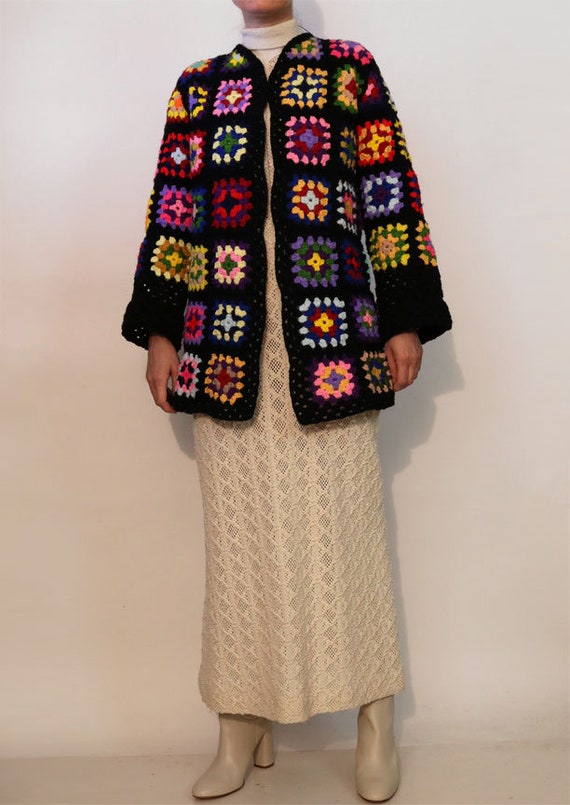 70s Rainbow Crochet Granny Square Knit Cardigan /… - image 5