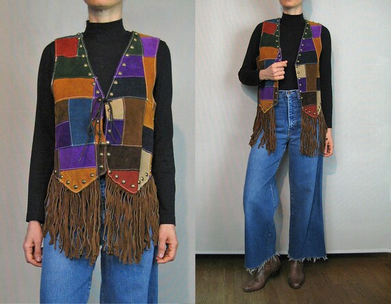 Rare 70s Studded Suede Fringe Patchwork Vest / Rai