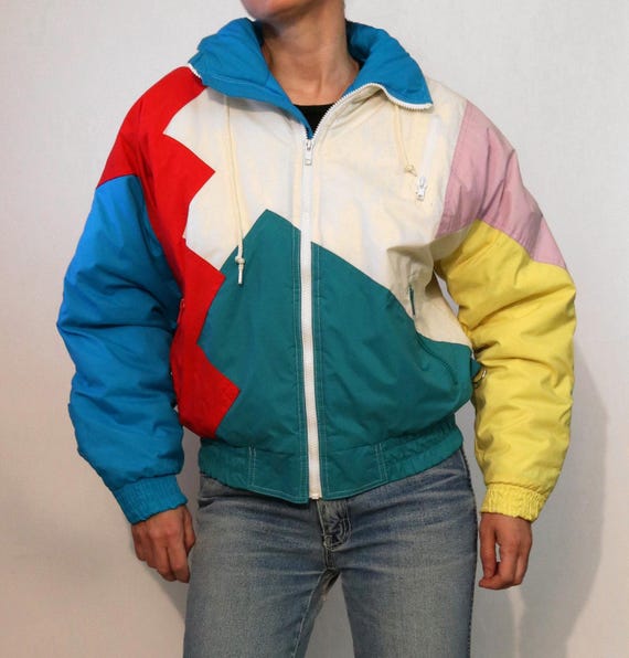 Abstract Color Block Puffer Jacket W/ Hood / Vintage 1980s Abstract Color Block Puffer Jacket W/ Hood / Vintage 1980s