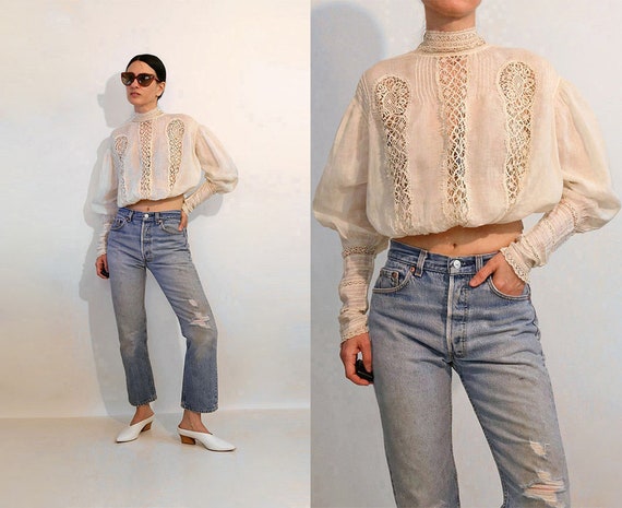 Antique Mutton Sleeve Crochet Gauze Blouse / Vinta
