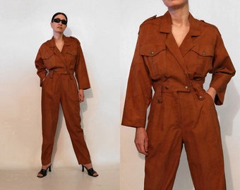 Amber Cotton Jumpsuit / Vintage 1980s Rust Orange Brown Bloused Pockets Tapered Leg Cotton Coverall Jumpsuit / 80s Military Flightsuit