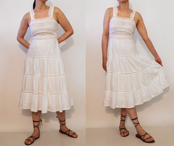 70s Broderie Anglaise White Cotton Lace Sundress … - image 9