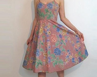 70s Batik Cotton Pin Pleated Sundress / Vintage 1970s Indonesia Puce Pink Cotton Rainbow Floral Sun Dress / Marsala Floral Cotton Dress-