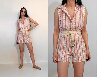 50s Floral Striped Cotton Romper, Vintage 1950s White Red and Green Shorts Romper, Stripe Pin-up Playsuit