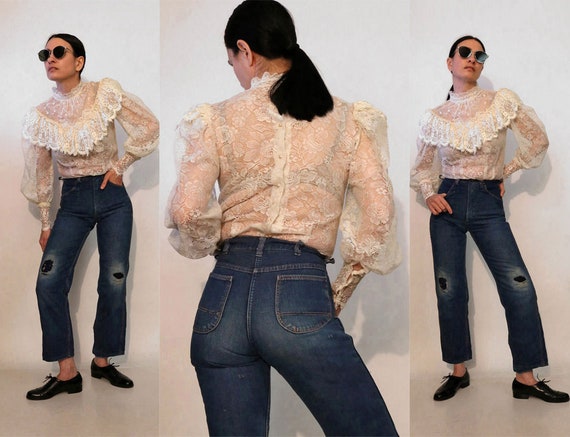 40s/50s Faded & Patched Flannel Lined Jeans 26x28… - image 1