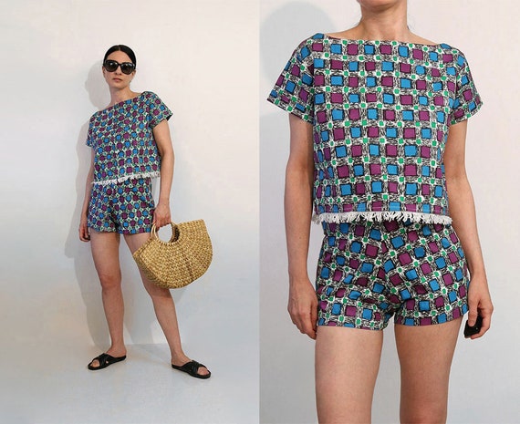 50s Checkered Cotton 2 Pc Shorts Set / Vintage 19… - image 1