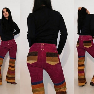70s Rainbow Striped Suede Bell Bottoms 29x31 / Vintage 1960s 1970s Maroon Purple Red Multi-colored Stripe Suede Leather Flared Leg Pants image 1