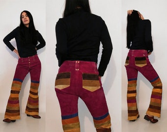 70s Rainbow Striped Suede Bell Bottoms 29x31 / Vintage 1960s 1970s Maroon Purple Red Multi-colored Stripe Suede Leather Flared Leg Pants