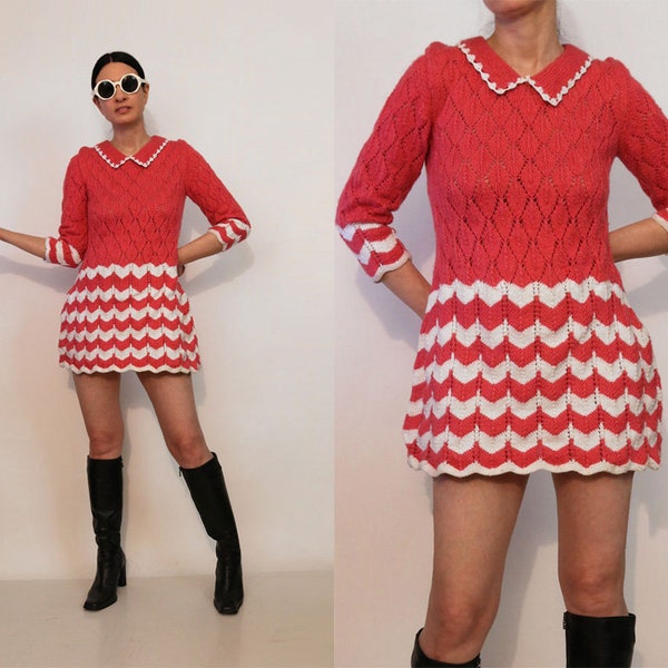 Vintage 70s Chevron Stripe Cotton Dress S