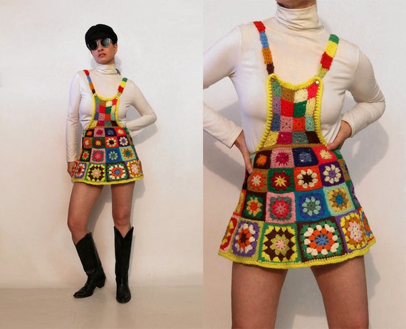 60s Granny Square Crochet Overall Dress / Vintage… - image 1