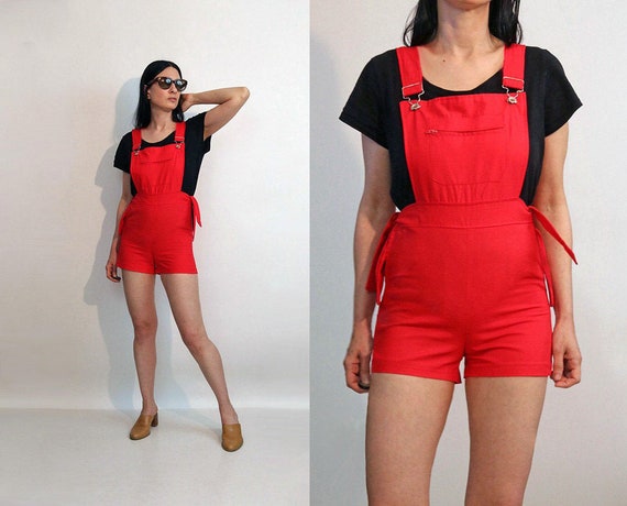 70s Cherry Overalls Cotton Romper / 1970s Cherry R