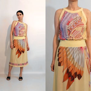 70s Italy Indian Chief Peach Gauze Dress, Vintage 1970s Native American Indian Chief with Headdress Novelty Dress, Italian Sheer Gauze Dress image 1