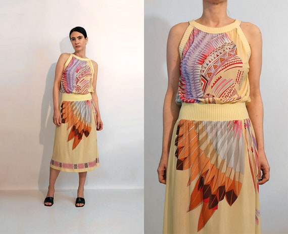 70s Indian Chief Gauze Dress / Vintage 1970s Nativ