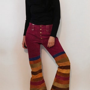 70s Rainbow Striped Suede Bell Bottoms 29x31 / Vintage 1960s 1970s Maroon Purple Red Multi-colored Stripe Suede Leather Flared Leg Pants image 2