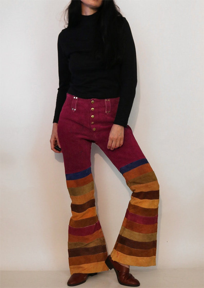 70s Rainbow Striped Suede Bell Bottoms 29x31 / Vintage 1960s 1970s Maroon Purple Red Multi-colored Stripe Suede Leather Flared Leg Pants image 2