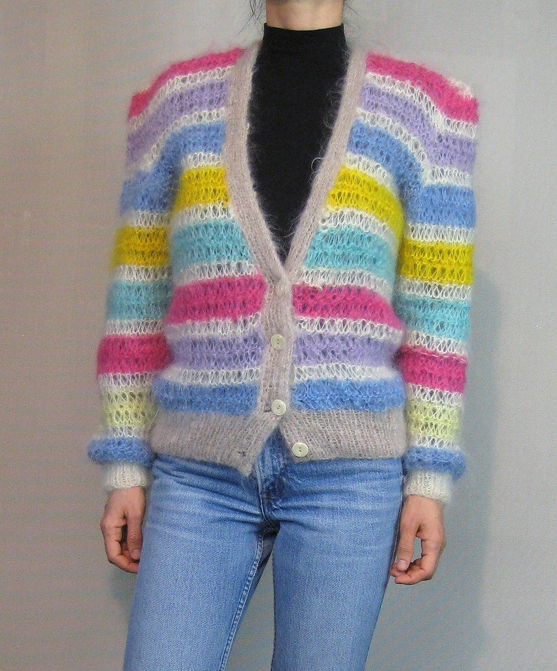 ON SALE Rainbow STRIPED Mohair Cardigan Vintage 70s 80s Handknit Mohair Angora Goat Cardigan Hand Knit Mohair Cardigan Rainbow Striped Sweat