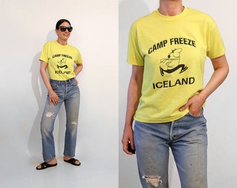 Iceland Camp Freeze T-shirt / Vintage 1980s Yellow n Black Iceland Funny Ice Skater Tourist T shirt / Icelandic Souvenir Tee