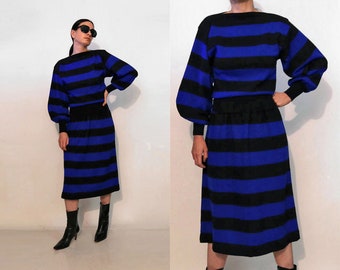 Balloon Sleeve Wool Knit 2 Pc Skirt Set / Vintage Cobalt Blue & Black Striped Knit Wool Sweater + Skirt Matching Set / Two Piece Skirt Suit