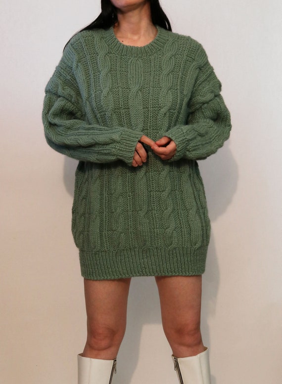 Sage Mohair Cable Knit Long Sweater or Dress / Vi… - image 6