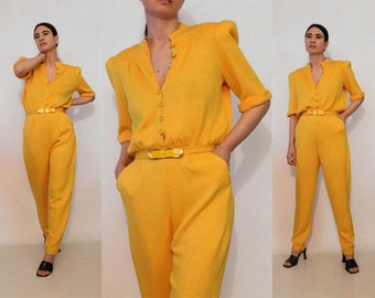 St John Orange Wool Knit Jumpsuit / Vintage 1980s Marigold / 80s Golden Orange St John Jumpsuit