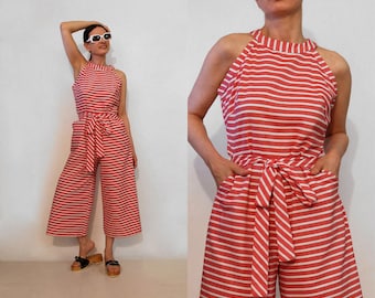70s Striped Cotton Palazzo Jumpsuit / Vintage 1970s Brick Red n White Stripe Cotton Belted Wide Leg Jumpsuit / Red & White Stripes Jumpsuit