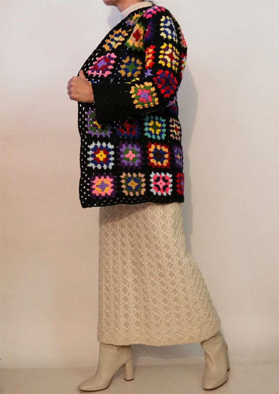 70s Rainbow Crochet Granny Square Knit Cardigan /… - image 4
