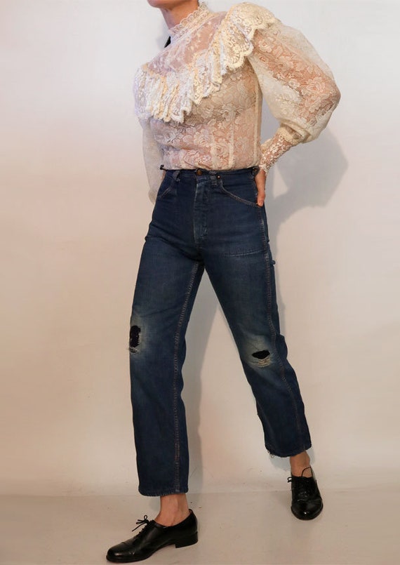 40s/50s Faded & Patched Flannel Lined Jeans 26x28… - image 4