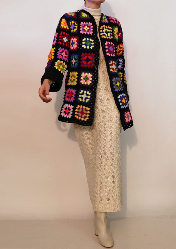 70s Rainbow Crochet Granny Square Knit Cardigan /… - image 3