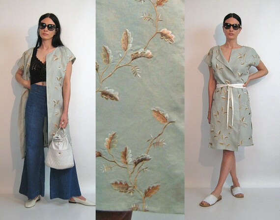 Sage Embroidered Leaf Linen Vest / Vintage 1980s S