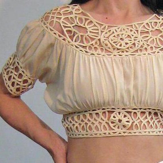 70s Ecru Silk Cut Out Cropped Blouse , Vintage 1970s Open Weave Lace Top , Woven Cutwork Blouse , Silk Lace Blouse , Off White Silk Crop Top