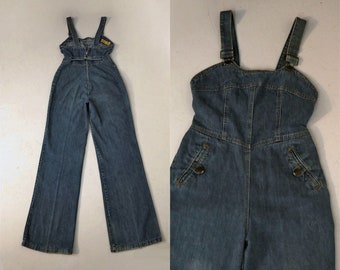 70s H.I.S. Flared Denim Overall Jumpsuit / Vintage 1970s HIS Zipper Back Flare Leg Denim Suspender Jumpsuit / 70s Denim Jumpsuit