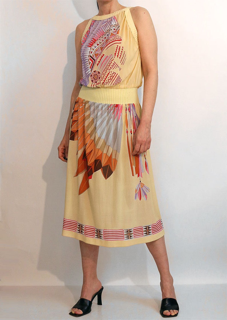 70s Italy Indian Chief Peach Gauze Dress, Vintage 1970s Native American Indian Chief with Headdress Novelty Dress, Italian Sheer Gauze Dress image 3