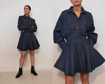 Nwt OMO Norma Kamali Dark Denim Dress / Vintage 1980s Designer Norma Kamali Denim Full Skirt Mini Dress / Button Jean Circle Skater Dress