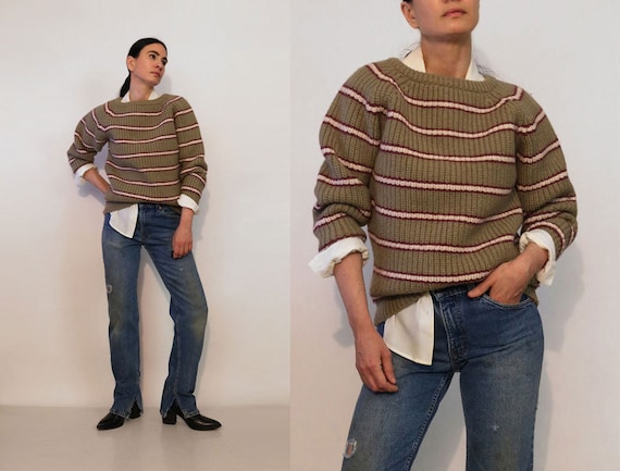 Mocha & Lilac Ribbed Wool Sweater / Vintage 1970s… - image 1
