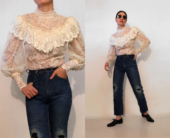 70s Mutton Sleeve Ruffled Cotton Lace Blouse , Vi… - image 1