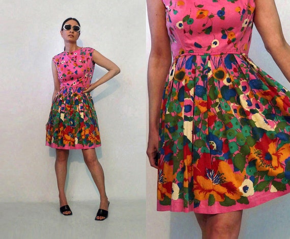 60s Watercolor Floral Cotton Dress / Vintage Cand… - image 1