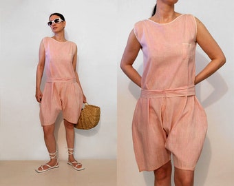 20s Gingham Cotton Shorts Romper / Vintage 1930s Pink & White Check Gauze Cotton Romper w/ Tie Belt / Balloon Knicker Shortall Romper