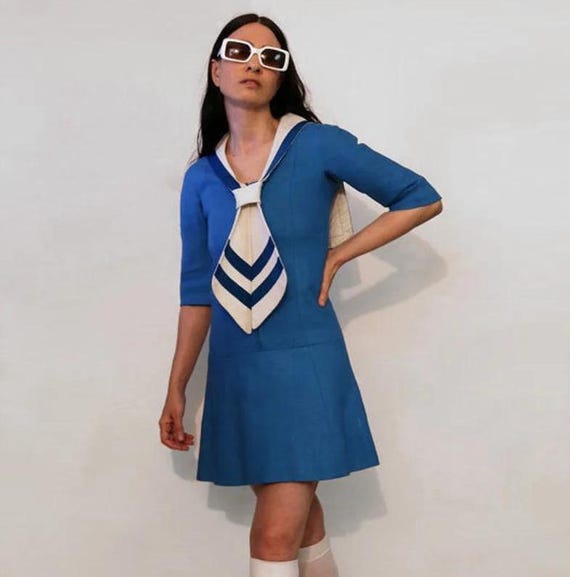 【THE CENTAUR】 SAILOR COTTON MINI DRESS 60s Jean Muir Linen Sailor Dress / Vintage Rare Cornflower