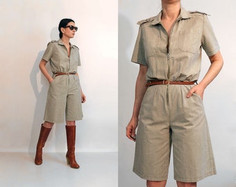 70s Mocha Cotton Zip Up Romper, Vintage 1970s Khaki Zipper Military Inspired Short Jumpsuit, Beige Cropped Utility Jumpsuit