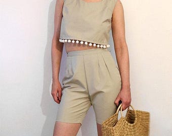 50s Taupe Cotton Shorts Set with Bobbles, Vintage 1950s 2 Piece Cropped Bobble Top + Matching Shorts, Fringed Cropped Top and Shorts Outfit