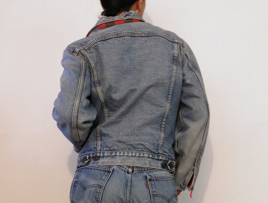 Plaid Lined Harley Levi's Denim Jacket , Vintage 1980s Faded Plaid Lined Harley Levi's Denim Jacket , Vintage 1980s Faded