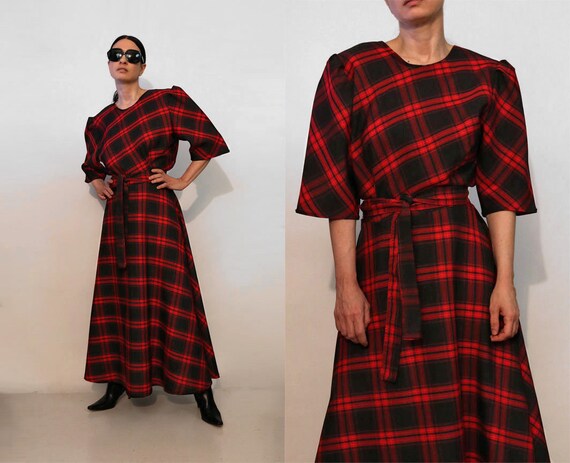 Plaid Puffed Shoulder Maxi Dress / Vintage 1980s Red & Black Plaid Puff Sleeve Belted Maxi Dress / 80s Plaid Full Skirt Dress w/ Sash Belt Plaid Puffed Shoulder Maxi Dress / Vintage 1980s Red & Black Plaid Puff Sleeve Belted Maxi Dress / 80s Plaid Full Skirt Dress w/ Sash Belt