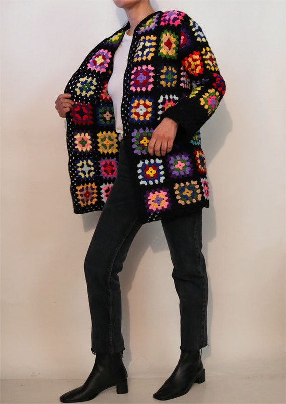 70s Rainbow Crochet Granny Square Knit Cardigan /… - image 7